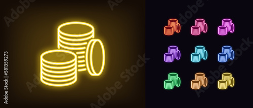 Outline neon coin stack icon set. Glowing neon coin pile sign, golden money fund pictogram. Gold coin budget, cryptocurrency and altcoins, currency and credits, jackpot and prize.