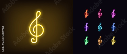 Outline neon treble clef icon set. Glowing neon music note glyph, violin key pictogram. Treble clef note, classical music and melody, symphony, musical concert and performance.