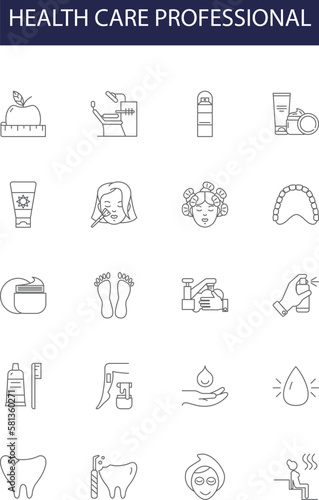 Health care professional line vector icons and signs. Nurse, Physician, Surgeon, Physiotherapist, Cardiologist, Dentist, Gynecologist, Psychologist outline vector illustration set