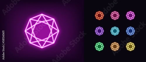 Outline neon gemstone icon set. Glowing neon diamond and brilliant stone, gem pictogram. Luxury precious jewelry, gift gemstone, premium sapphire jewel, royal emerald, superior adamant.