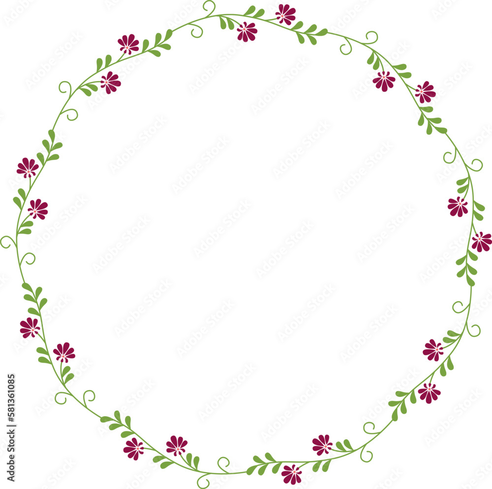 Vector hand drawn wreath. Round floral frame of branches with flowers.