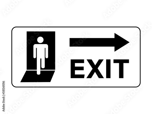 Exit door indication sign with a silhouette of person crossing the door, a directional arrow and text.