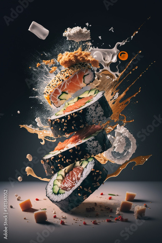 Canvas Print Splash Flying sushi pieces on black background created with Generative AI techno
