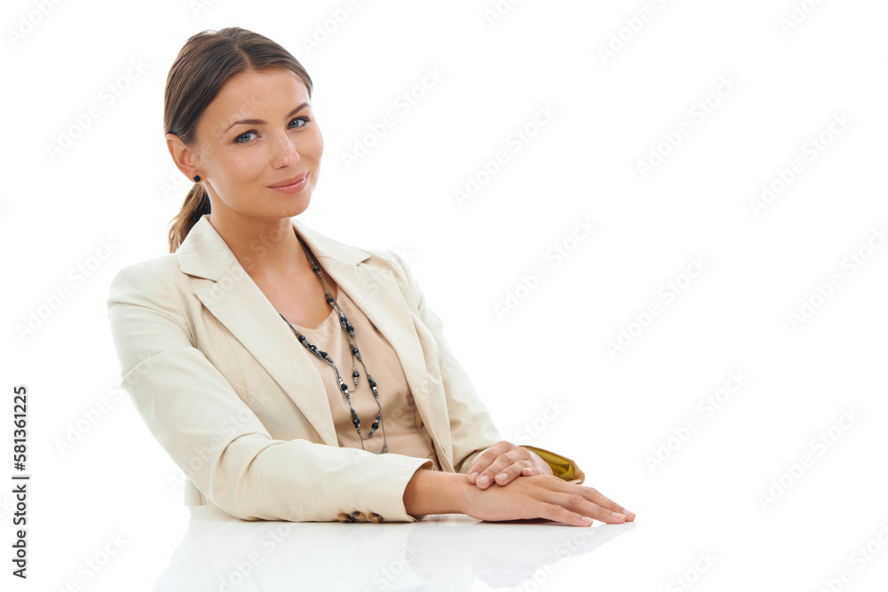 Rising business star. A beautiful young businesswoman sitting confidently with her hands clasped isolated on a white background. Rising business star. A beautiful young businesswoman sitting confidently with her hands clasped isolated on a white background.