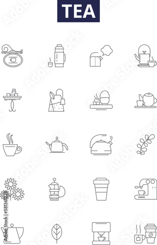 Tea line vector icons and signs. Herbal, Green, Iced, Jasmine, Earl, Grey, Oolong, Pu-erh outline vector illustration set