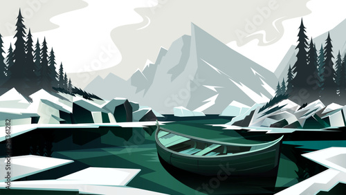 Vector winter landscape, mountains frozen lake, around the lake forest, in the middle of the lake wooden boat
