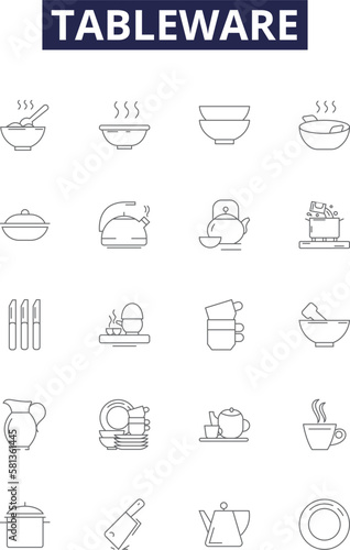 Tableware line vector icons and signs. Plates, Bowls, Glasses, Mugs, Utensils, Jugs, Trays, Coasters outline vector illustration set