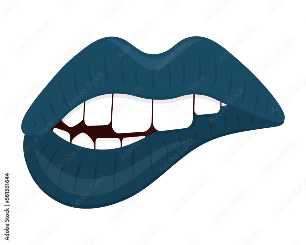 Bite your lip. Dark green lipstick on lips. Her teeth bit her bottom lip. Seductive mouth. Color vector illustration. Flat style. Sensual bite. Isolated background. Idea for web design, invitations Bite your lip. Dark green lipstick on lips. Her teeth bit her bottom lip. Seductive mouth. Color vector illustration. Flat style. Sensual bite. Isolated background. Idea for web design, invitations
