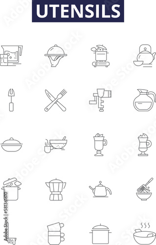 Utensils line vector icons and signs. kitchenware, appliances, tools, pots, pans, dishes, bowls, cups outline vector illustration set