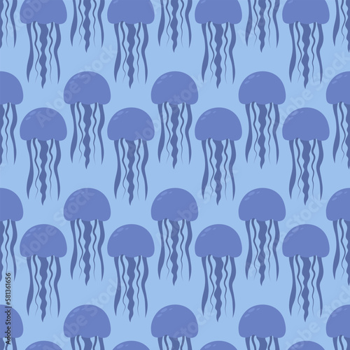 Blue medusa. Eared Aurelia. Seamless vector pattern. Endless ornament of marine invertebrates with tentacles. Flat style. Isolated blue background. Ocean dweller. Idea for web design.