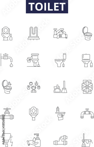 Toilet line vector icons and signs. Lavatory, Sink, Porcelain, Plumbing, Commode, Washroom, Urinal, Drain outline vector illustration set