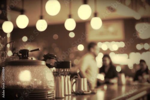 Coffee shop background that is blurred and produced with vintage tones. Generative AI
