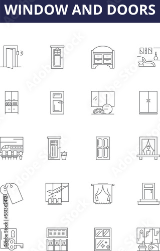 Window and doors line vector icons and signs. Doors, Frames, Sills, Openings, Panes, Mullions, Ventilation, Security outline vector illustration set photo