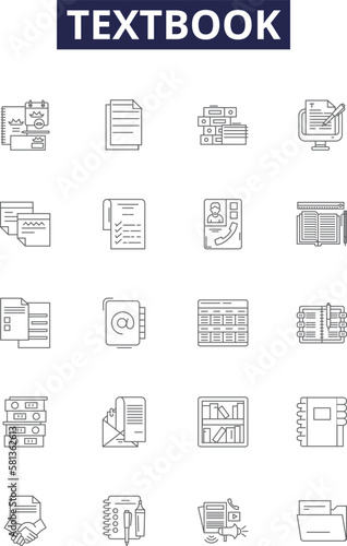 Textbook line vector icons and signs. Manual, Guide, Primer, Study, Reference, Publication, Material, Instruction outline vector illustration set