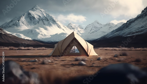 Travel tent with landscape view of mountain. Tourist concept. Beautiful landscape. Generative AI © Михаил Осадчук