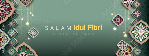 Islamic festival poster background design, paper graphic of islamic decorations and lanterns. Suitable for Ramadan Kareem, Hari Raya, Eid Mubarak, Eid al Adha.