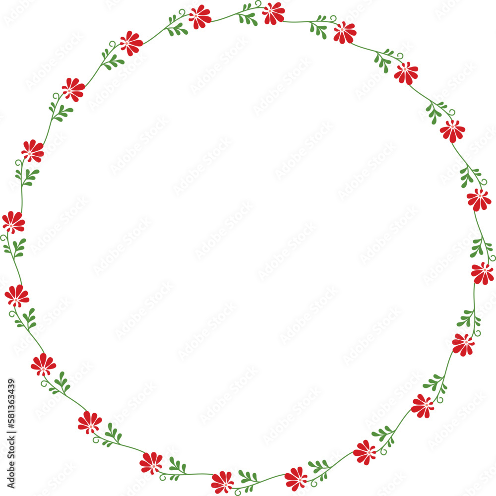 Vector hand drawn wreath. Round floral frame of branches with red flowers. Vector hand drawn wreath. Round floral frame of branches with red flowers.