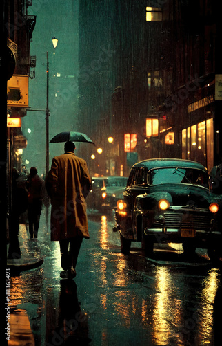 Scenes from the life of a city. streets in the rain. new york, 1950s, ai generative