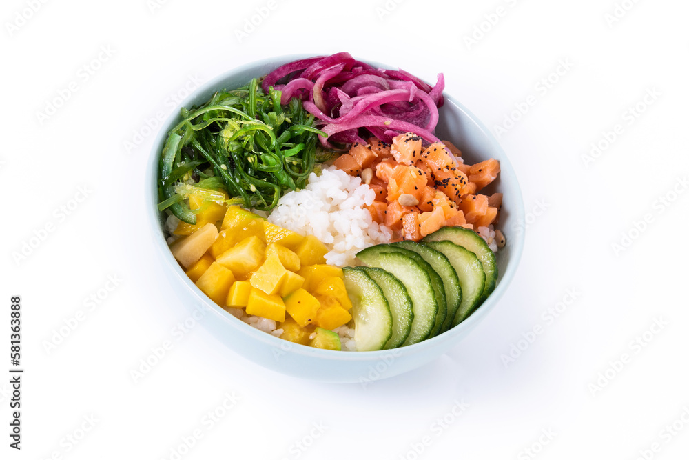 Poke bowl with rice, salmon,cucumber,mango,onion,wakame salad, poppy seeds ands sunflowers seeds isolated on white background Poke bowl with rice, salmon,cucumber,mango,onion,wakame salad, poppy seeds ands sunflowers seeds isolated on white background