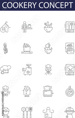 Cookery concept line vector icons and signs. Cuisine, Recipe, Baking, Chef, Food, Grill, Stewing, Roasting outline vector illustration set