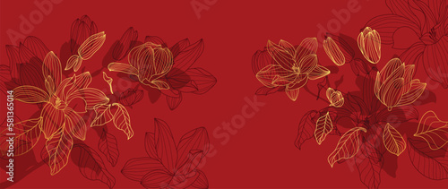 Luxury oriental flower background vector. Elegant magnolia flowers and leaves golden line art pattern texture on red background. Design illustration for decoration, wallpaper, poster, banner, card.