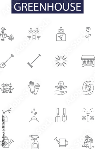 Greenhouse line vector icons and signs. Eco, Climate, Environment, Growth, Heat, Gardening, Vegetables, Agriculture outline vector illustration set