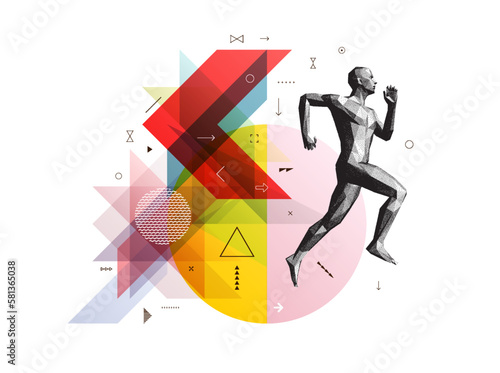 Art composition. Running man or marathon runner. 3D human body model. Design for sport. Transparency geometrical background. Cover design template for presentation, poster, cover or brochure.