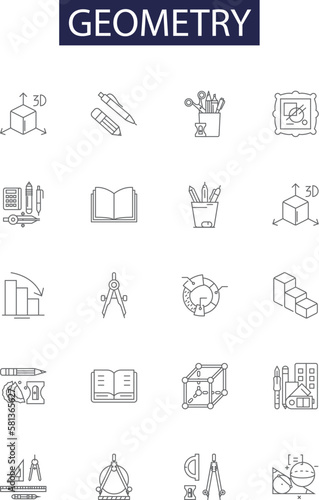 Geometry line vector icons and signs. angles, lines, triangles, circles, points, polygons, surfaces, polygons outline vector illustration set