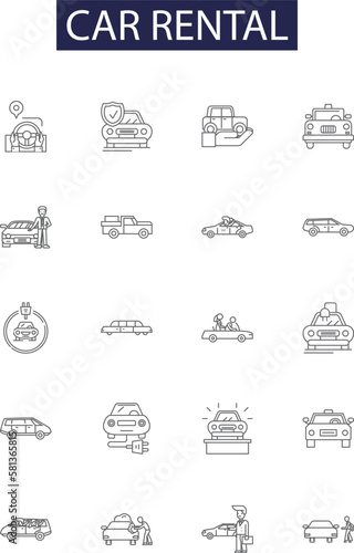 Car rental line vector icons and signs. Rental, Hire, Lease, Drive, Automobile, Book, Booking, Reservation outline vector illustration set