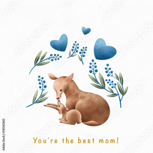Baby deer hug mom against the blue flowers. Cute animal illustration in soft colors and hand drawn style isolated on white. Mother’s day greeting card.