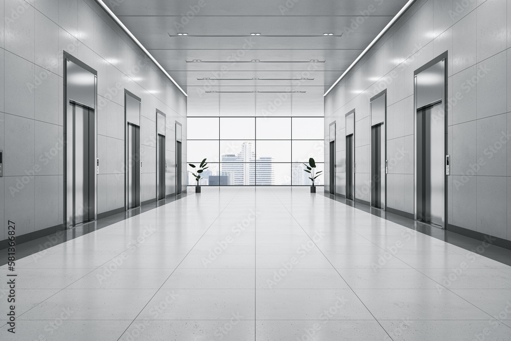 Front view on empty spacious business center corridor with place for product presentation on light glossy floor between elevators on city view background from big window. 3D rendering, mock up Front view on empty spacious business center corridor with place for product presentation on light glossy floor between elevators on city view background from big window. 3D rendering, mock up