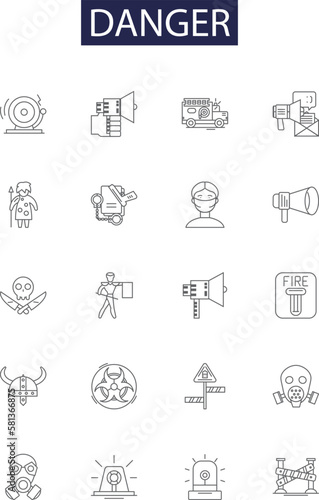Danger line vector icons and signs. Hazard, Risk, Menace, Threat, Periculous, Threatening, Riparian, Caution outline vector illustration set