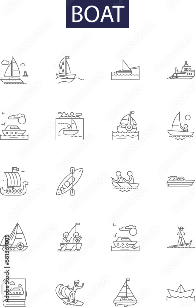 Boat line vector icons and signs. craft, vessel, dinghy, canoe, kayak, schooner, raft, sailboat outline vector illustration set