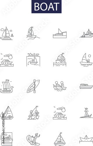 Obraz na płótnie Boat line vector icons and signs. craft, vessel, dinghy, canoe, kayak, schooner, raft, sailboat outline vector illustration set w salonie