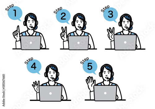 ラップトップの前に座って手順について説明をしているオペレーターの若い女性のセット
