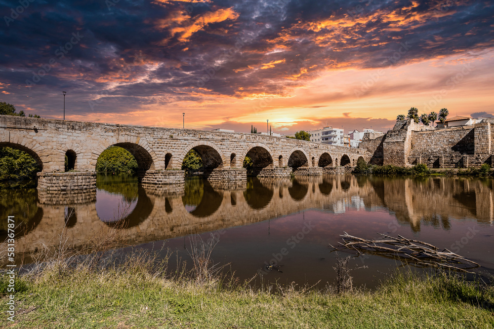 Puente Romano, the Roman Bridge in Merida, Extremadura, Spain. Stock