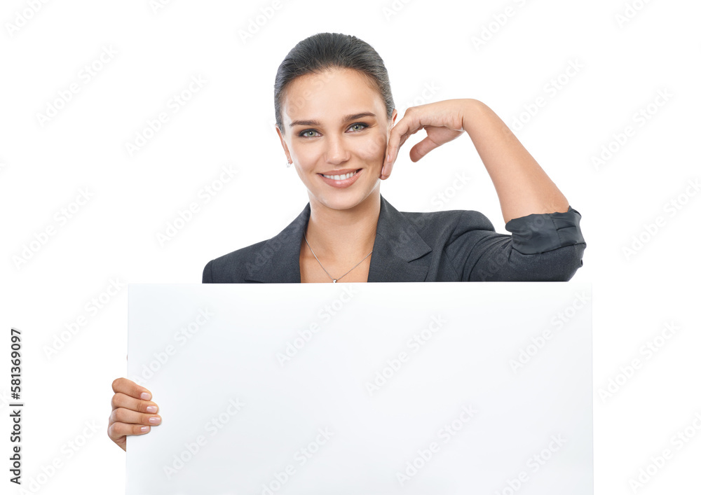 Looking for new business ideas. Studio shot of an attractive young businesswoman holding a blank placard for copyspace. Looking for new business ideas. Studio shot of an attractive young businesswoman holding a blank placard for copyspace.