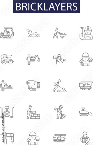 Bricklayers line vector icons and signs. Bricklayers, Brickies, Trowelers, Wallers, Tilers, Layer-ups, Renderers, Stackers outline vector illustration set