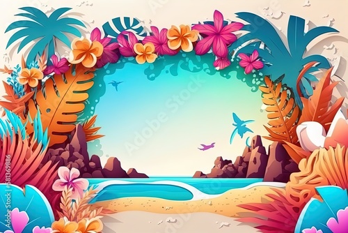 Tropical paradise landscape hawaii cartoon background with palm trees, exotic flowers and seaside beach on blue sky background