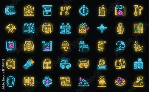 Extreme tourism icons set outline vector. Climbing mountain. Winter camping neon color on black isolated