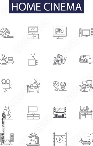 Home cinema line vector icons and signs. Surround, Theater, Sound, Speakers, Receiver, Film, Room, Streaming outline vector illustration set