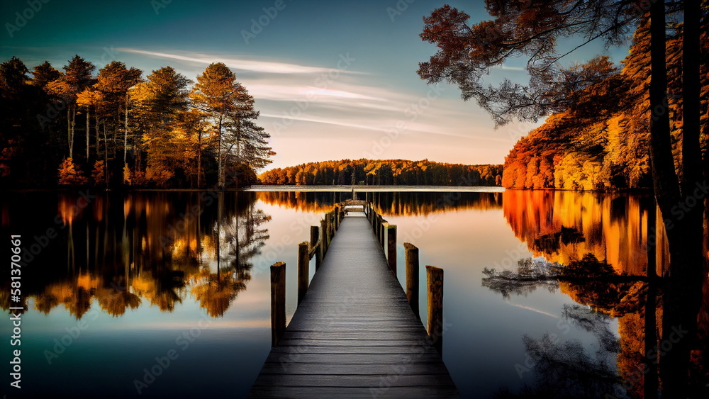 Autumn, wooden pier on the lake at sunset with Generative AI Technology