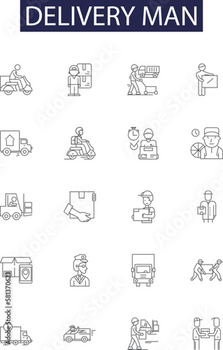 Delivery man line vector icons and signs. Deliverer, Carrier, Messenger, Postman, Driver, Shipper, Expressman, Deliveryman outline vector illustration set