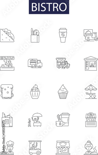 Bistro line vector icons and signs. eatery, cafe, restaurant, bar, lounge, brasserie, tapas, diner outline vector illustration set