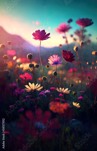 a field of flowers with various species arranged in an artistic and romantic . ai generative