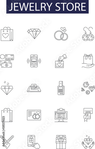 Jewelry store line vector icons and signs. store, diamonds, rings, necklaces, earrings, bracelets, charms, watches outline vector illustration set