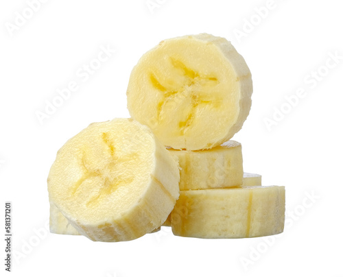 Slice of banana isolated on transparent background, PNG image