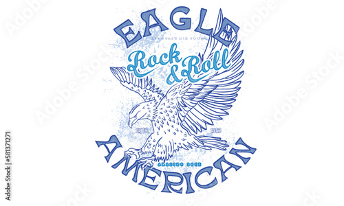 American eagle artwork. Eagle vintage vector t shirt design. Rock and roll with wing logo artwork for apparel and others. Music tour logo design.