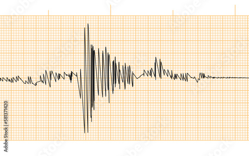 Seismogram of seismic activity or lie detector record. Yellow grid paper. Earthquake or audio wave diagram background. Ground motion, volcano eruption. Polygraph seismograph chart. Vector illustration
