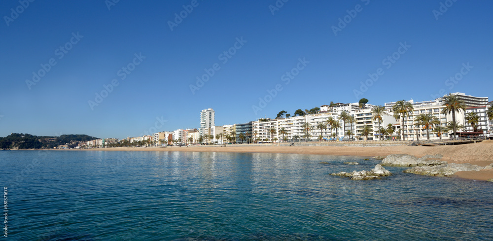 panoramic view of the beach and village of LLoret de Mar, Costa Brava, Girona province, Catalonia, Spain